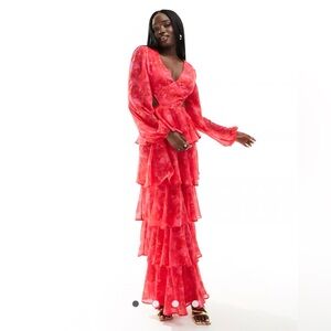 Pretty Lavish tiered cut out maxi dress in pink and red floral